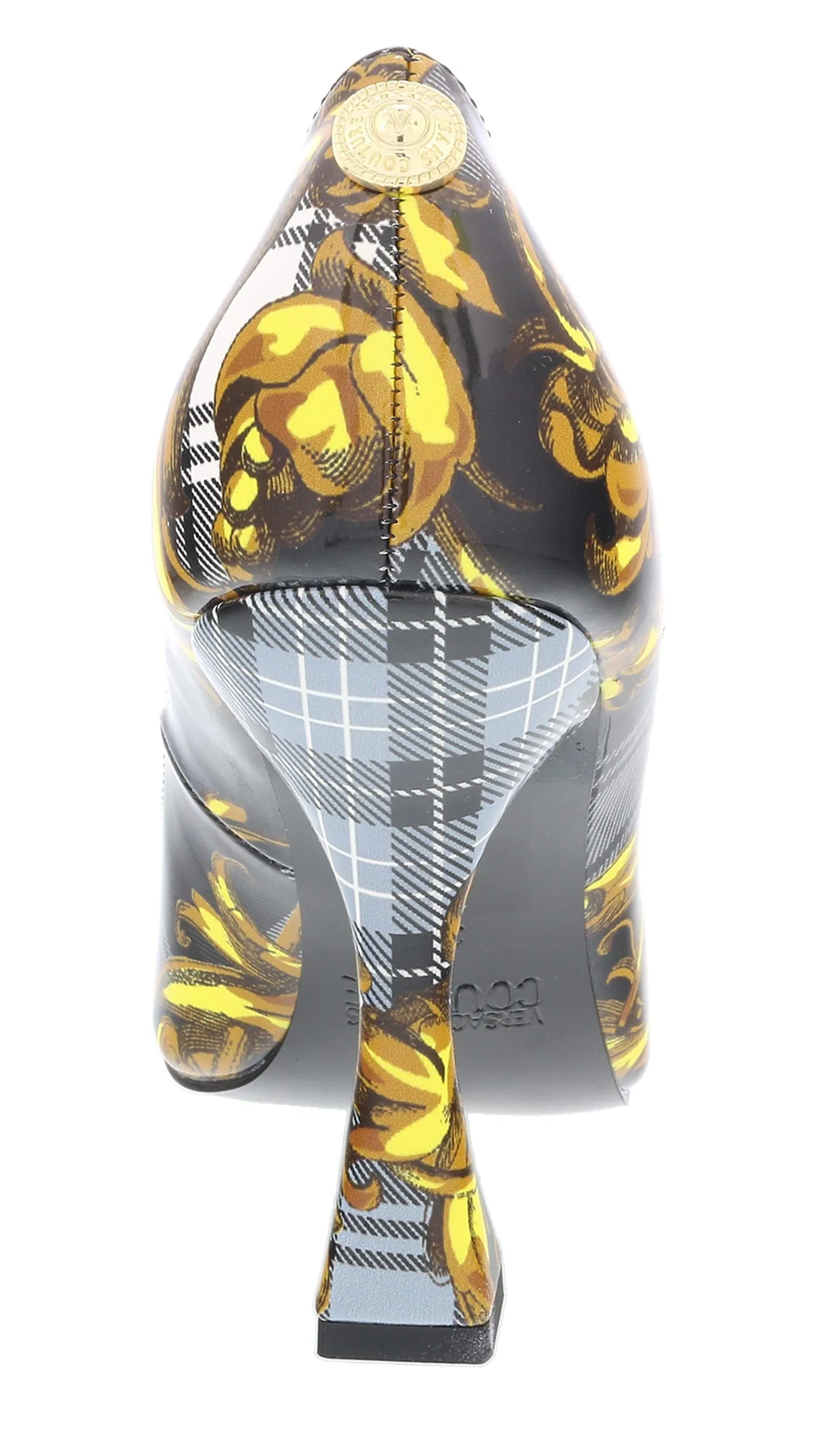 Versace Jeans Couture Grey Gold Plaid Baroque Square Toe Pump