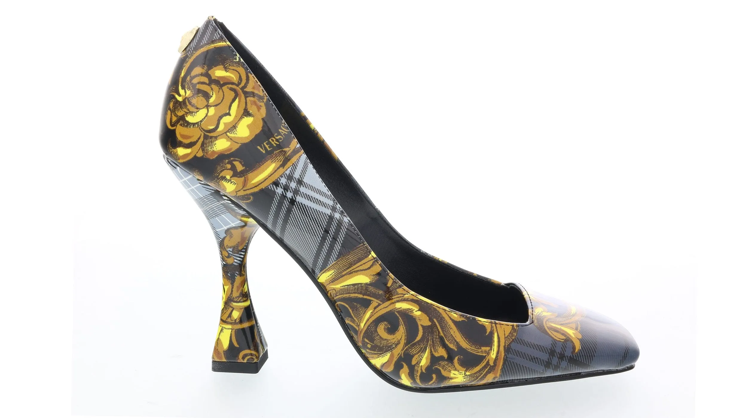 Versace Jeans Couture Grey Gold Plaid Baroque Square Toe Pump