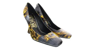 Versace Jeans Couture Grey Gold Plaid Baroque Square Toe Pump