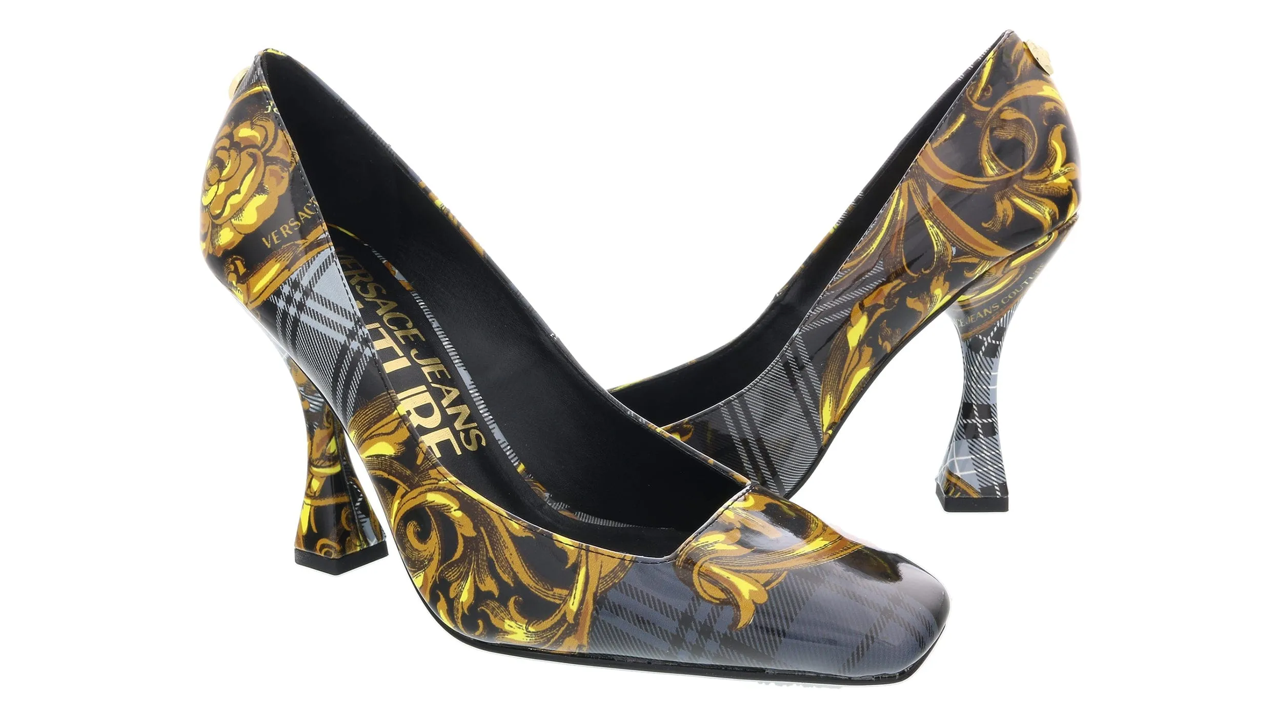 Versace Jeans Couture Grey Gold Plaid Baroque Square Toe Pump