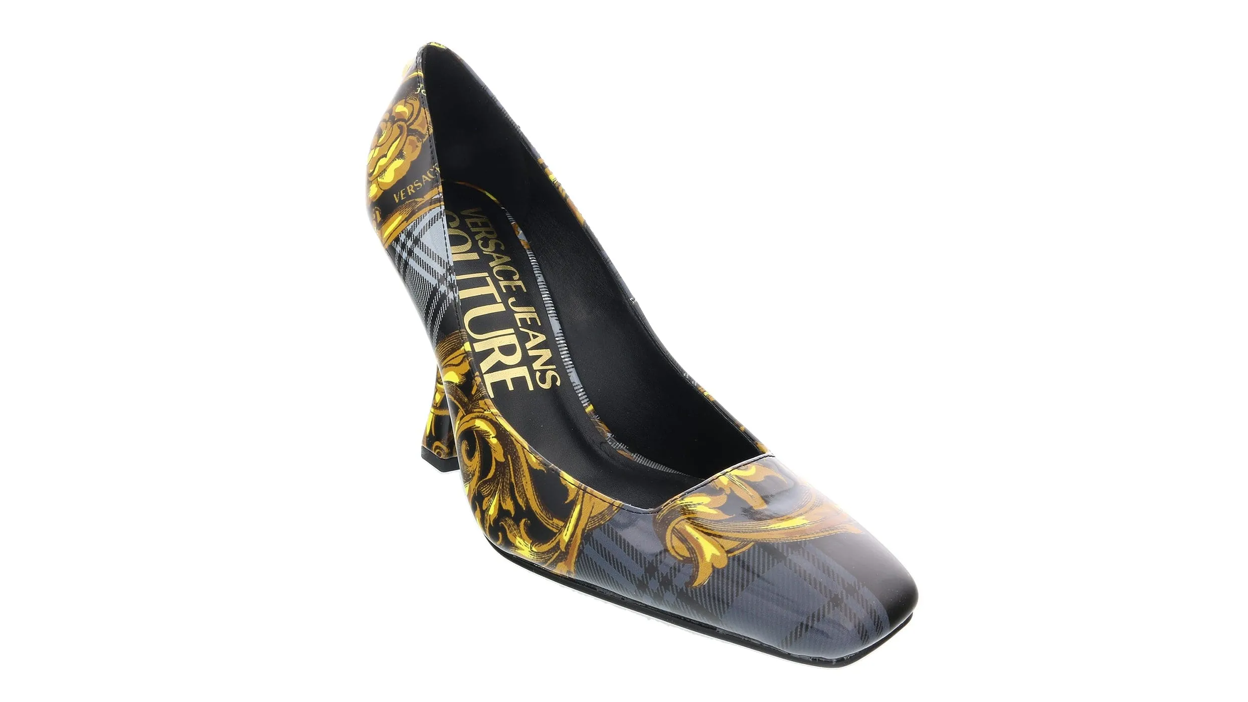 Versace Jeans Couture Grey Gold Plaid Baroque Square Toe Pump