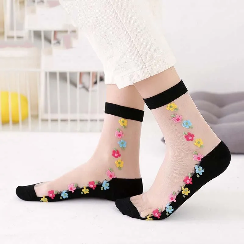 Women Embroidered Flowers Transparent Lace Mesh Socks