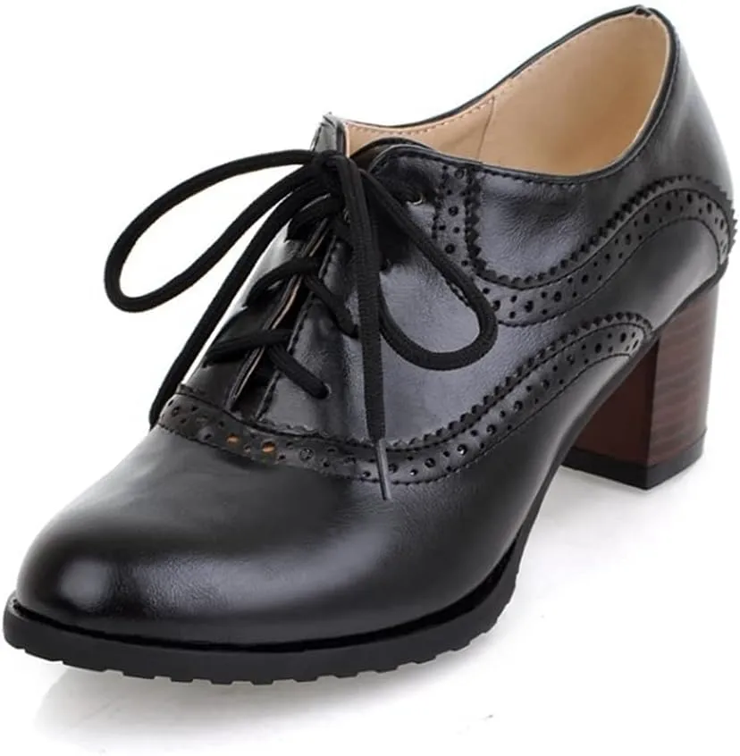 Women's Leather Vintage Oxfords Brogues Lace up Chunky Stacked Mid Heel Pumps Round Toe Dress Shoes