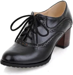 Women's Leather Vintage Oxfords Brogues Lace up Chunky Stacked Mid Heel Pumps Round Toe Dress Shoes