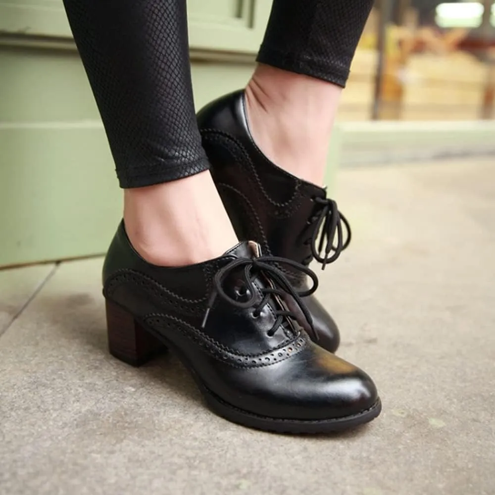 Women's Leather Vintage Oxfords Brogues Lace up Chunky Stacked Mid Heel Pumps Round Toe Dress Shoes