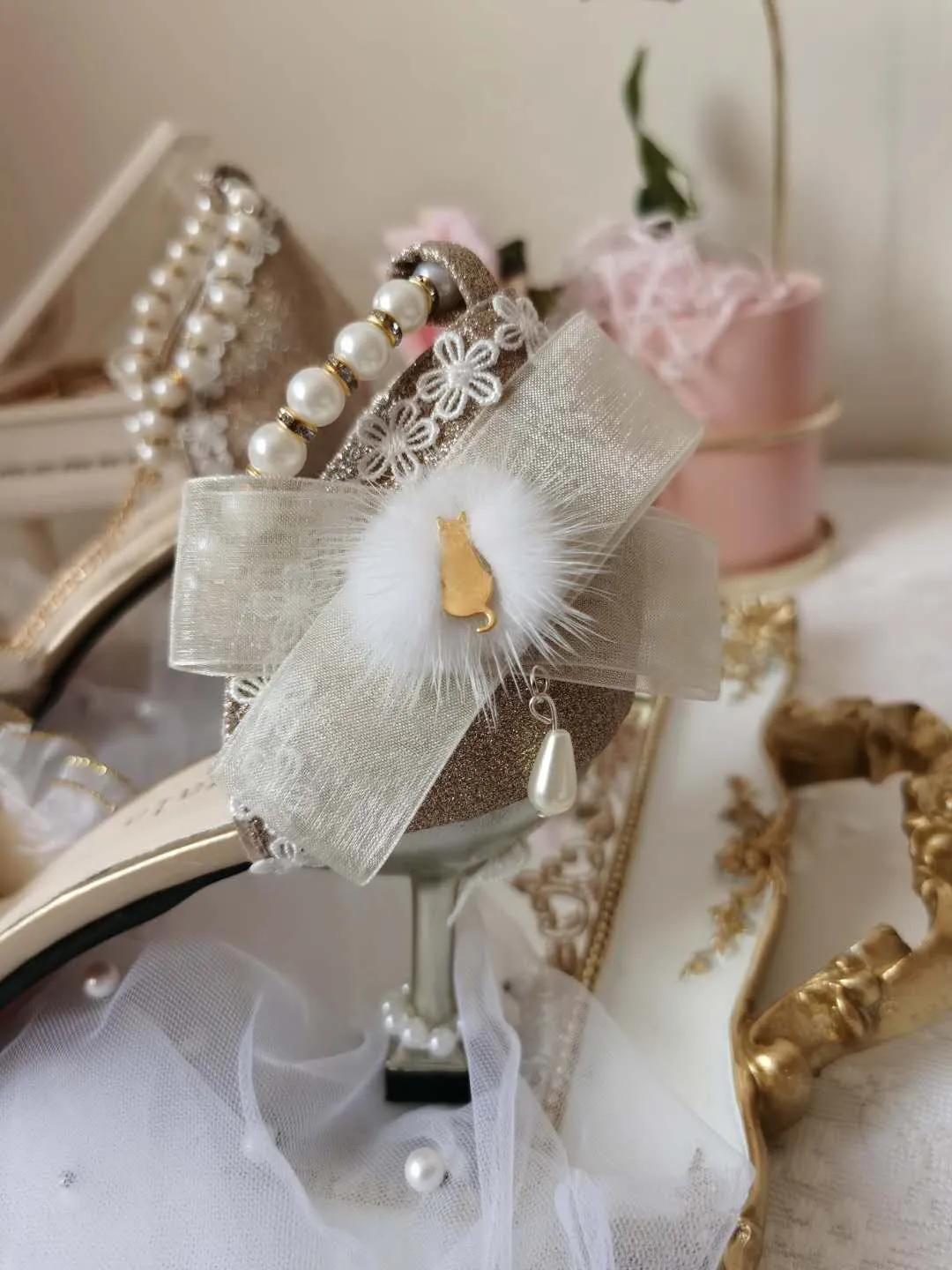 xiangtuibao Japanese Lolita Tea Party High Heels Champagne Elegant Sweet high heel vintage lace bowknot  kawaii shoes cosplay loli
