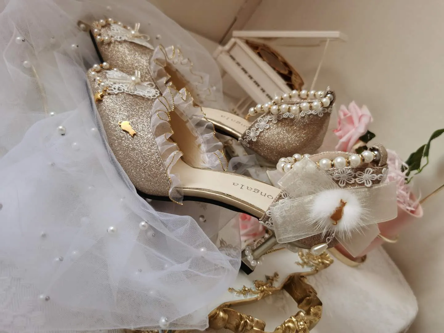 xiangtuibao Japanese Lolita Tea Party High Heels Champagne Elegant Sweet high heel vintage lace bowknot  kawaii shoes cosplay loli