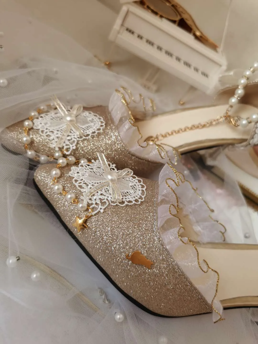 xiangtuibao Japanese Lolita Tea Party High Heels Champagne Elegant Sweet high heel vintage lace bowknot  kawaii shoes cosplay loli